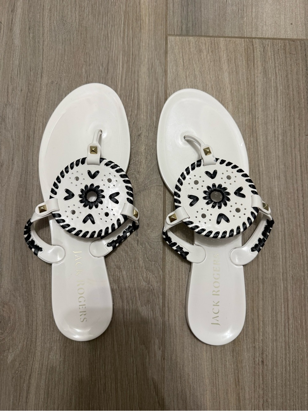 Jack Rogers White Leather Medallion Sandal with Black Accents
